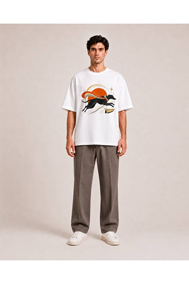 Running Greyhound – White Oversize Printed Design T-Shirt