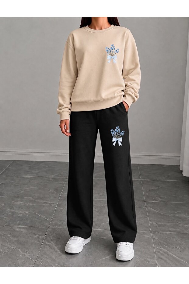 Mini Flower Bunch Printed Women's Tube Collar Bottom/Up Trouser Track Suit Set