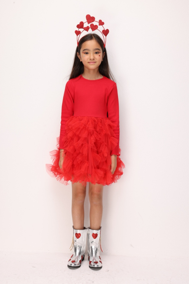 Red Ruffled Skirt Detailed Long Sleeve Girls' Dress - Alora