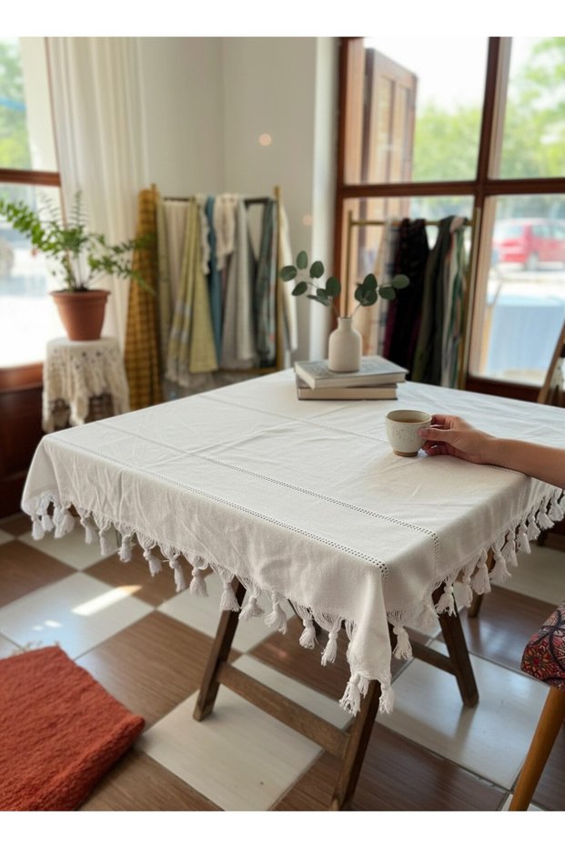 100% Cotton Traditional Kara Tezgah Buldan Woven Tasseled Fiskos Table and Square Tablecloth - 90X90 cm (Off-White / Natural)