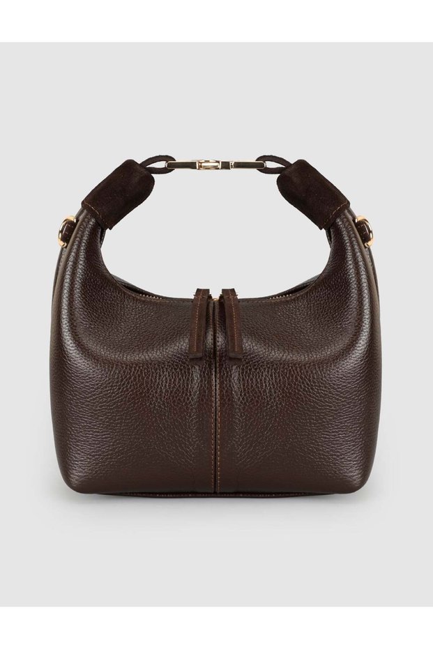 Brown Genuine Leather Women's Shoulder and Crossbody Bag with Gold Chain Detail
