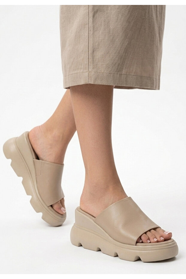 Lata Beige Skin Wedge Heel Slippers