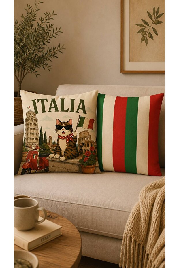 Set of 2 Italian Cat & Italian Flag Patterned Digital Printed Decorative Throw Pillow Covers
