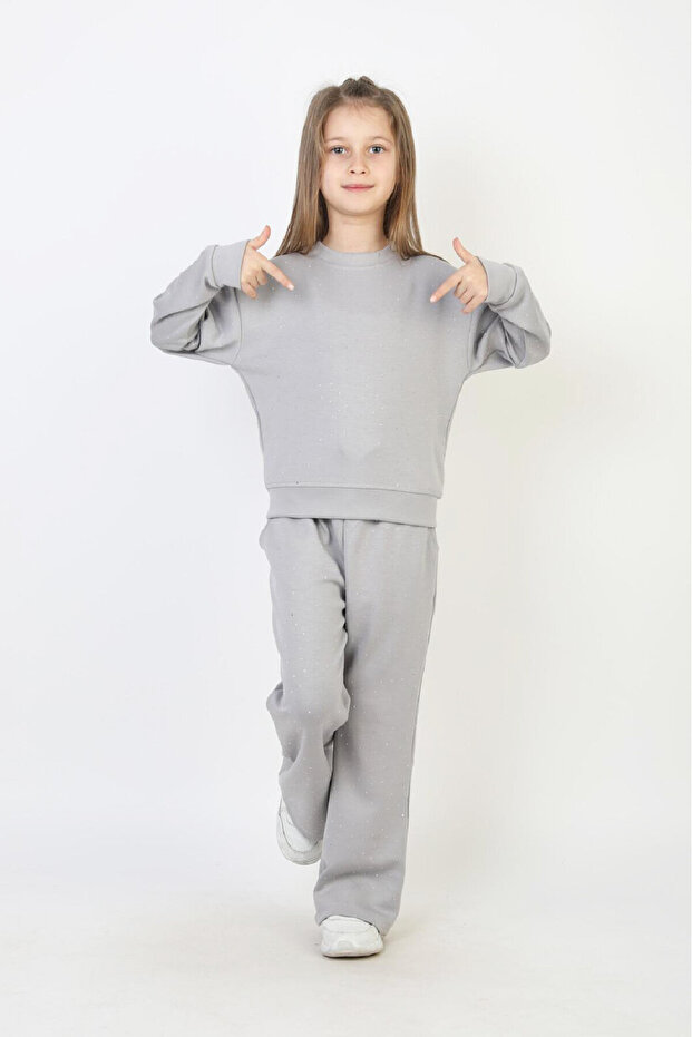 Girl's Stone Decorated+Double Face Fabric Top and Bottom Set 12758Blt