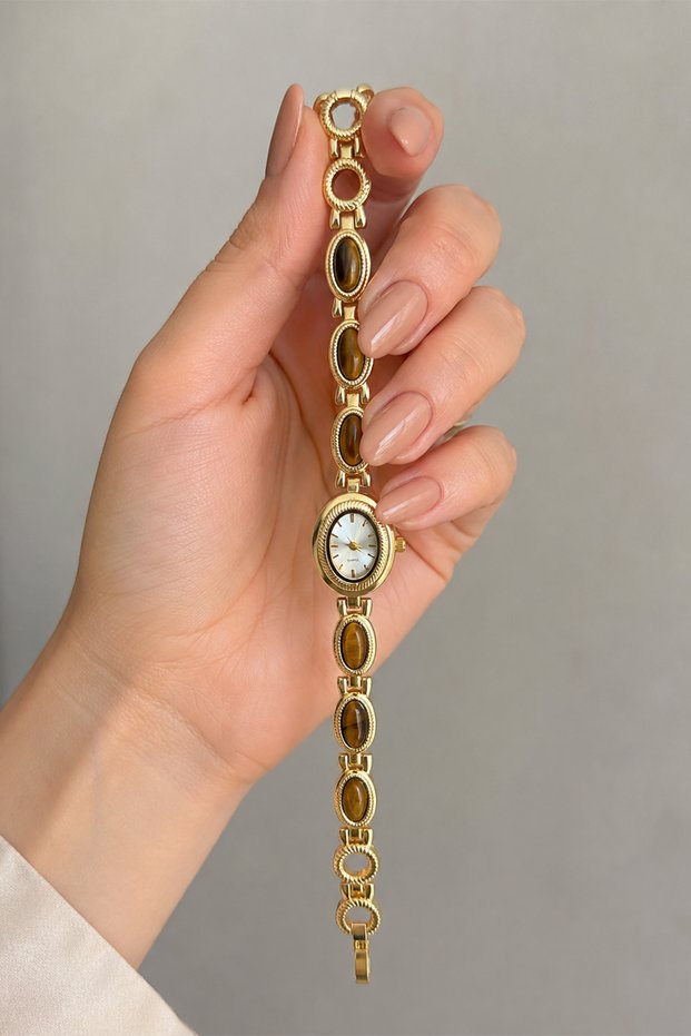 Vinos Minimal Kadın Kol Saati – Gold Color Brown Stone Detailed Minimal Elegant Wristwatch Women's Watch