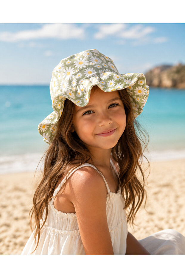 Daisy Patterned Children's Hat – 100% Cotton Poplin, Double Layer, Handmade |   4-8 Years Old