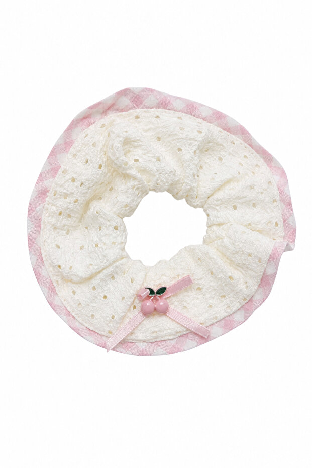 Stylish Cherry Detailed White Pink Checkered Fabric Rubber Buckle Hair Accessory