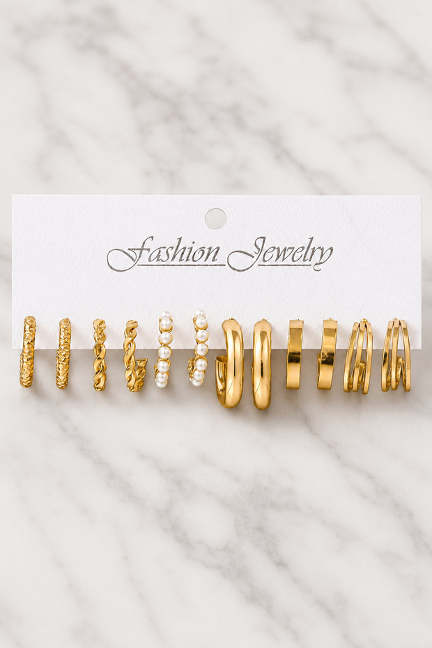 Women's Gold Multi-Earring Set – 6-Piece Stylish and Trendy Design