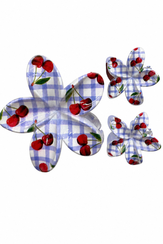Floral Patterned Cherry Checkered Purple Hair Clip Set - 3 Pieces Stylish Snap Clips