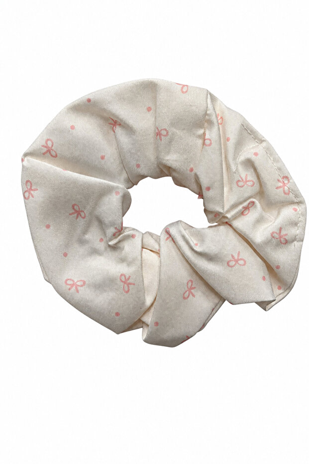 Cream Pink Bow and Polka Dot Patterned Stylish Fabric Scrunchie Hair Tie