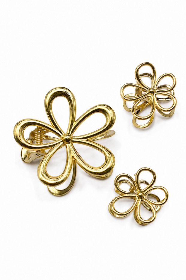 Yellow Color Flower Figured Large and Small Size 3-Piece Hair Clip Set
