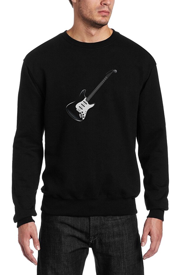 White And Black Electric Guitar Printed Black Men's Knitted Sweatshirt Long Sleeve