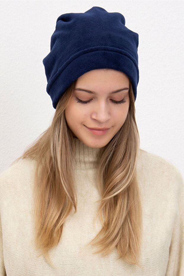 Women's Navy Blue Fleece Beret Polar Neck Collar That Can Be Used in Two Different Ways