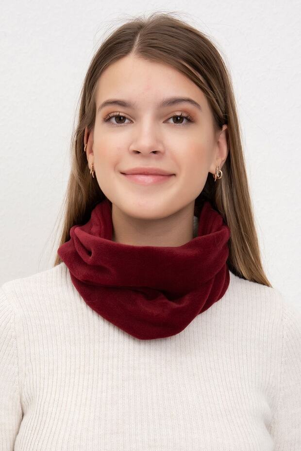 Women's Burgundy Fleece Neck Collar Fleece Beanie with Two Different Shapes