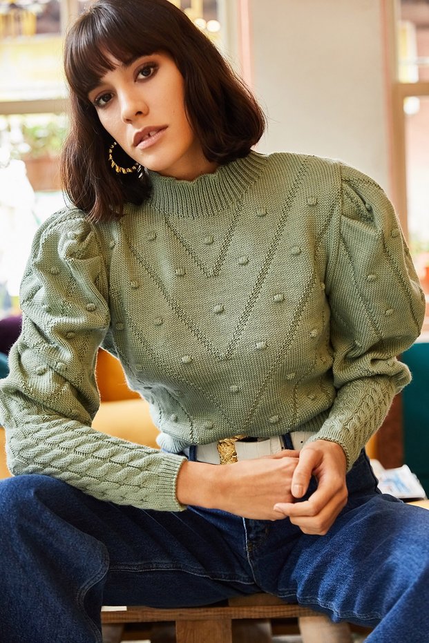 Women's Water Green Small Pompom Sleeve Detailed Waist Top Knitwear Sweater KZK-19000253