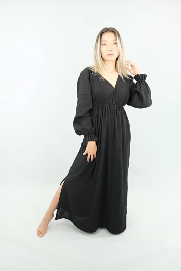 V-Neck Cotton Linen Dress - Black