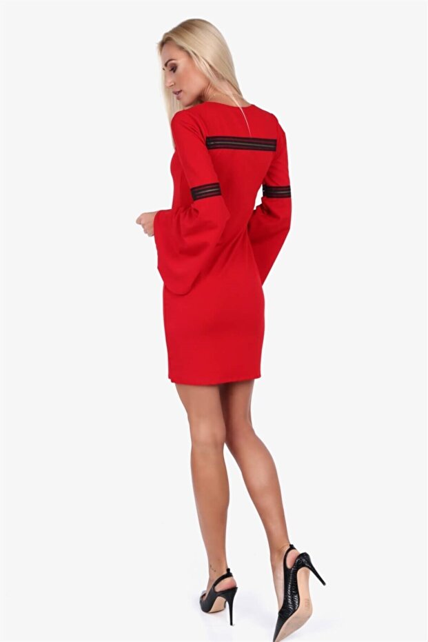 V Yaka Ispanyol Kol Mini Elbise - 4