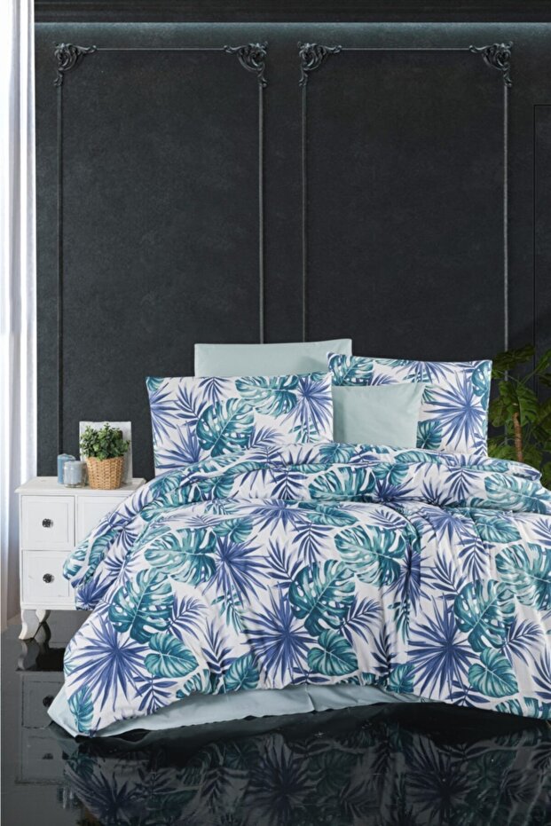 Verde Double Duvet Cover Set Ranforce Cotton Blue 200x220