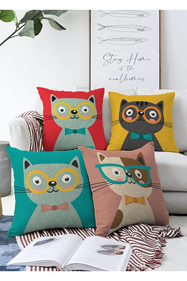 Double Sided Colorful Cute Kitten Printed 4-Piece Raschel Knitted Throw Pillow Cover Set