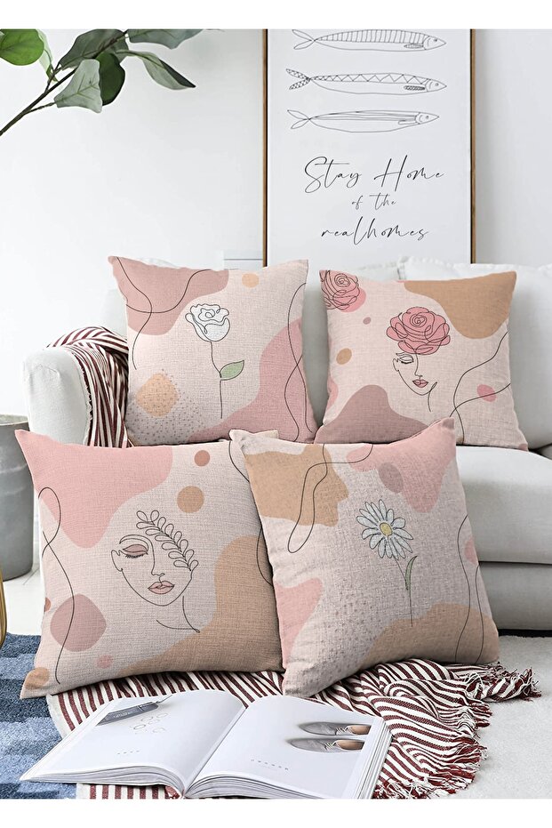 Decorative Double Sided 4-Piece Raschel Knitted Throw Pillow Cover Set with Flower Motifs on Pink Background