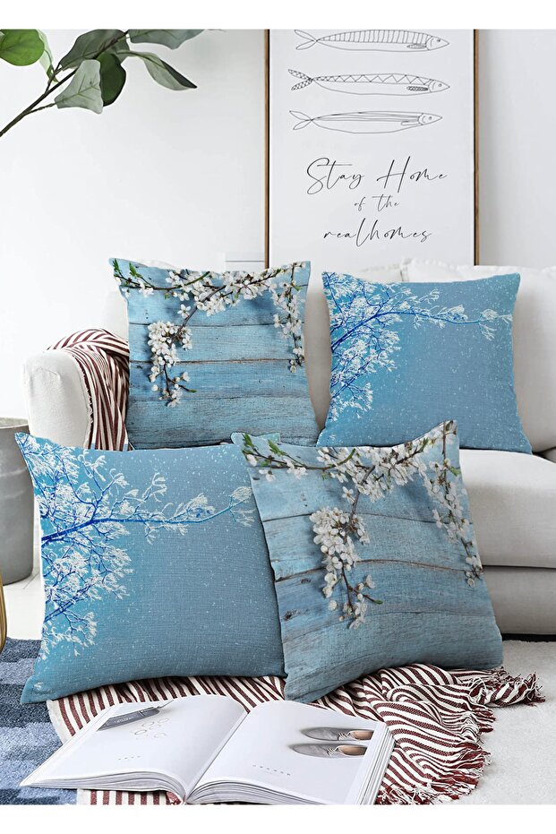 4-Piece Double-Sided Raschel Knitted Throw Pillow Cover Set with Branch and Flower Design on Blue Background