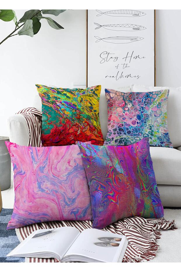 Double Sided Water Paint Marbling Art Designed 4-Piece Raschel Knitted Throw Pillow Cover Set