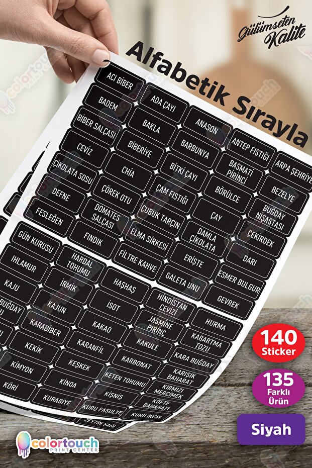 colortouch Siyah 140 Adet Baharat Bakliyat Kuruyemiş Kavanoz Etiketi Sticker Düzenleyici