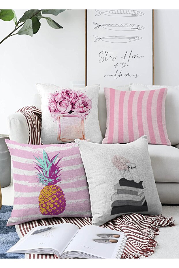 Double Sided Pink White Striped Concept 4-Piece Modern Raschel Knitted Pillow Throw Pillow Cover Set