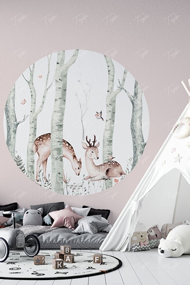 Forest And Gazelle Themed Round Circle Wall Sticker