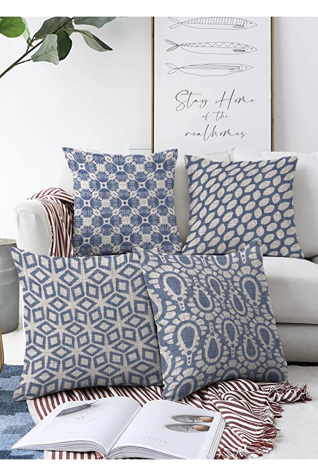 4-Piece Double-Sided Raschel Knitted Pillow Throw Pillow Cover Set with Geometric Shapes on Denim Floor