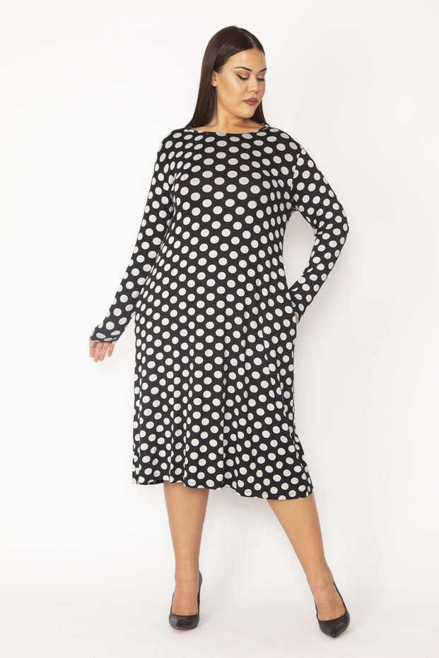 Women's Plus Size Colorful Long Sleeve Point Pattern Crepe Dress 65n28334