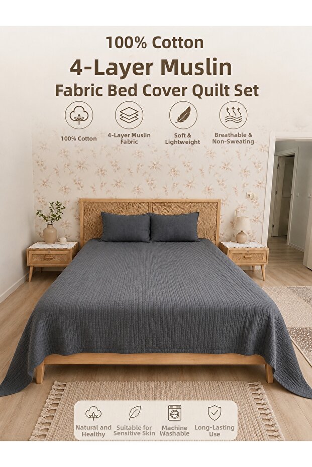 100% Cotton 4 Layer Muslin Bedspread Pique Set Double Size