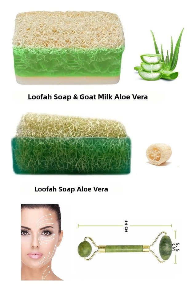 Set of 3 Natural Pumpkin Fiber Goat Milk & Aloe Vera Extract Soap Double Sided Facial Massage Tool Jade Stone