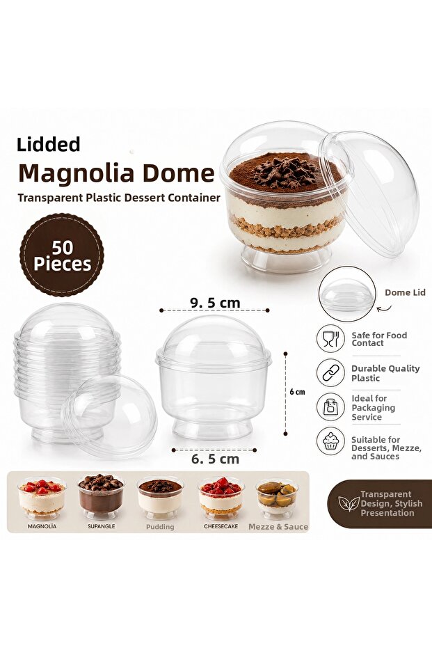 50 Pieces of Dessert Container with Lid Magnolia Bowl Transparent Plastic 200 Cc Magnolia Bowl
