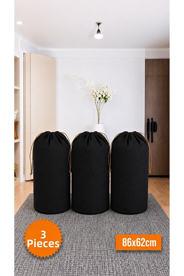 3 Pieces Black Drawstring Storage Bag Xlarge 86X62 cm - Moving Bag - Quilt Pillow Laundry Storage Bag