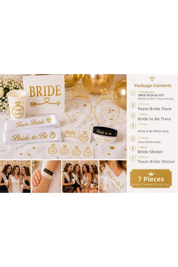 Bride Team Bride 7 Piece Bachelorette Party Set | Bride to Be Crown and Sash, Team Bride Crown, Sash, Wristband, and Tattoo Organization Set