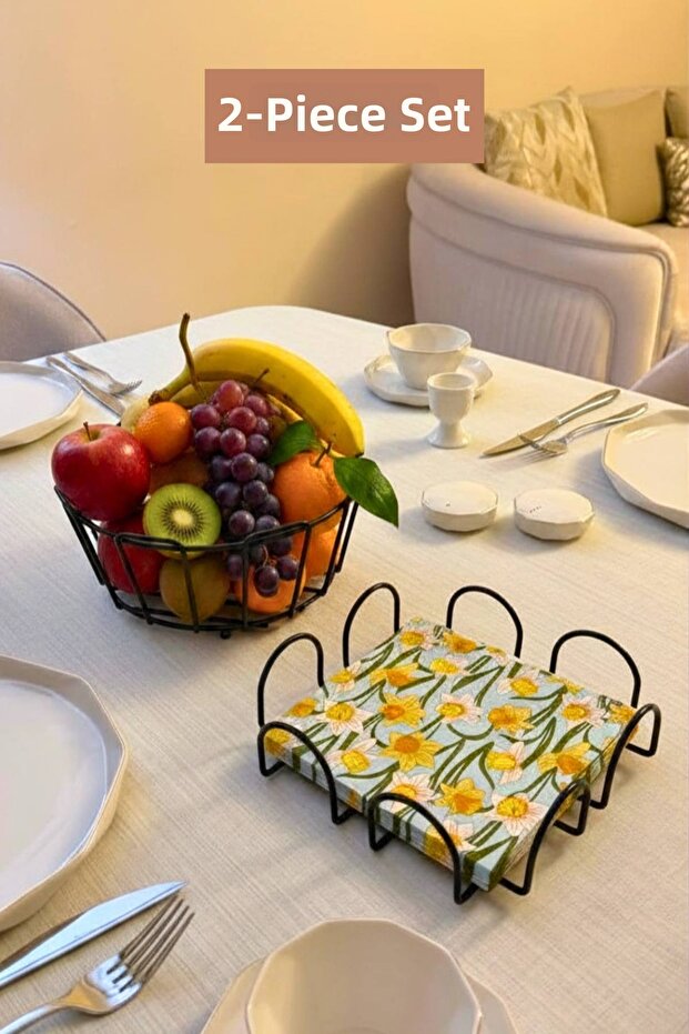 Set of 2 Black Square Napkin Holders Oval Corner Fruit Basket Kitchen Set