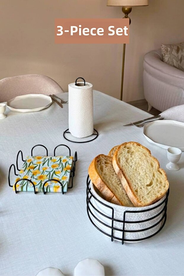 Set of 3 Black Square Napkin Holders, Vertical Paper Towel Holders, Round Bread Basket, Kitchen Set