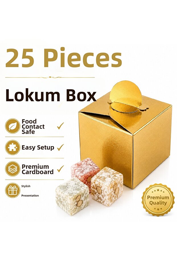 25 Pieces Gold Silver Turkish Delight Box | Promise Engagement Wedding Mawlid Gift Cardboard Turkish Delight Box | Premium Gold Silver