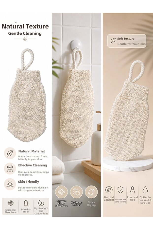 Ecru Bath Loofah Natural Loofah Pouch – with Strap, Soft Textured, Foaming Body Cleansing Loofah