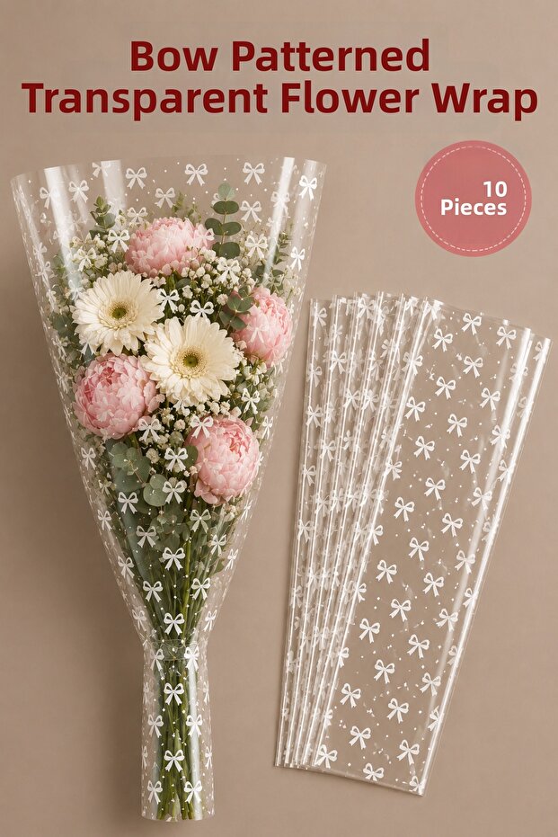 10-Piece Ribbon Patterned Transparent Flower Packaging 25X50 cm Bouquet Packaging Bag Pink Printed