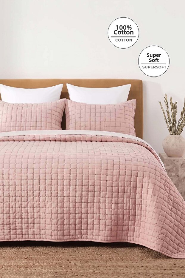 Square Pattern Double Bed Cover Set 100% Cotton Stone Washed 3 Piece Fiber Filled Soft Powder