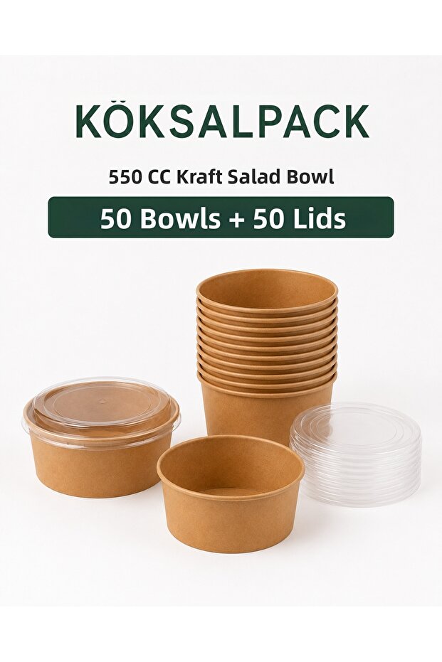 50 Pcs 550 Cc Kraft Salad Bowl + 50 Pcs Transparent Pet Lids