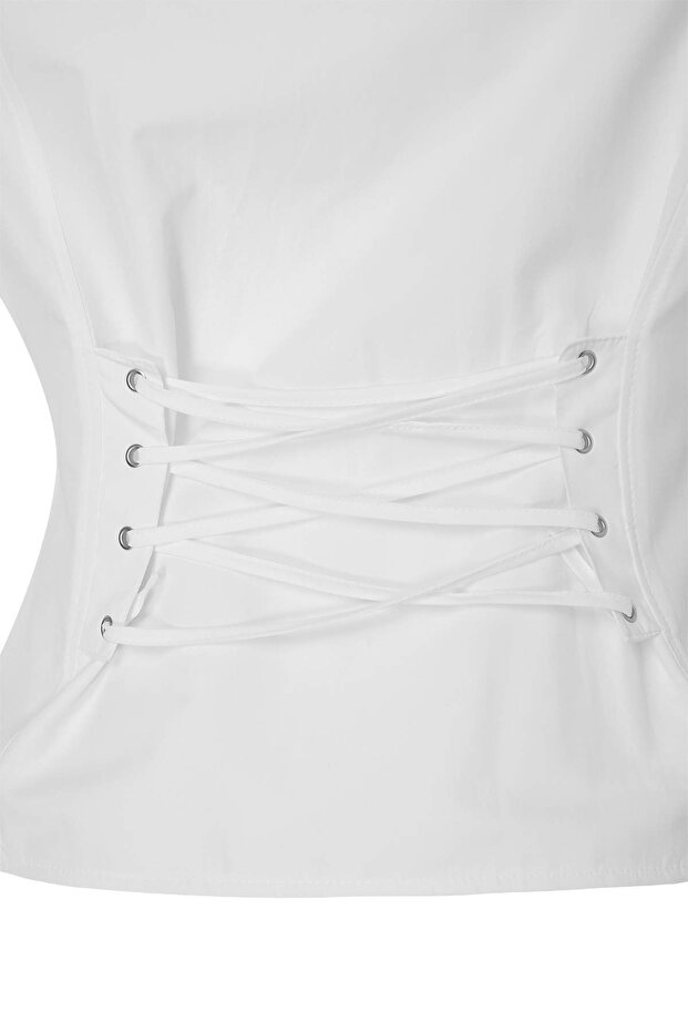 Koszula plus size z tkaniny w kolorze ecru, z wiązaniem na plecach, model TBBSS26AX00017 - 5