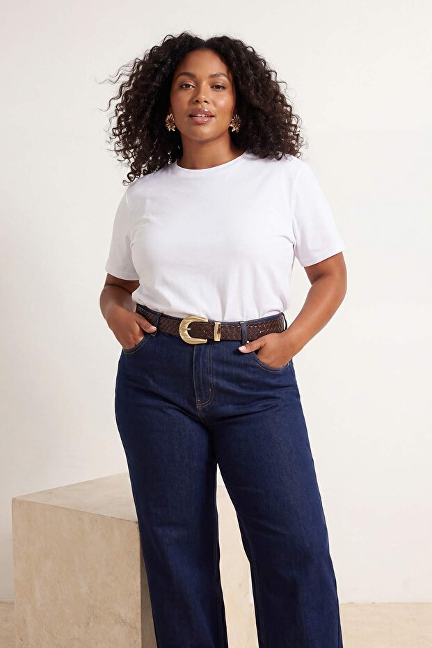 Kahverengi-Beyaz-Mavi 3'lü Paket Oversize Basic Büyük Beden T-shirt TBBSS26BF00025 - 2