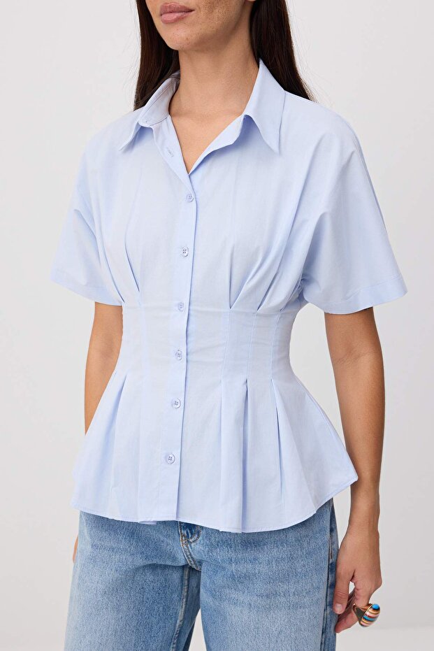 Açık Mavi Pile Detaylı Bele Oturan Lycralı Poplin Pamuklu Gömlek TWOSS26GO00158 - 3