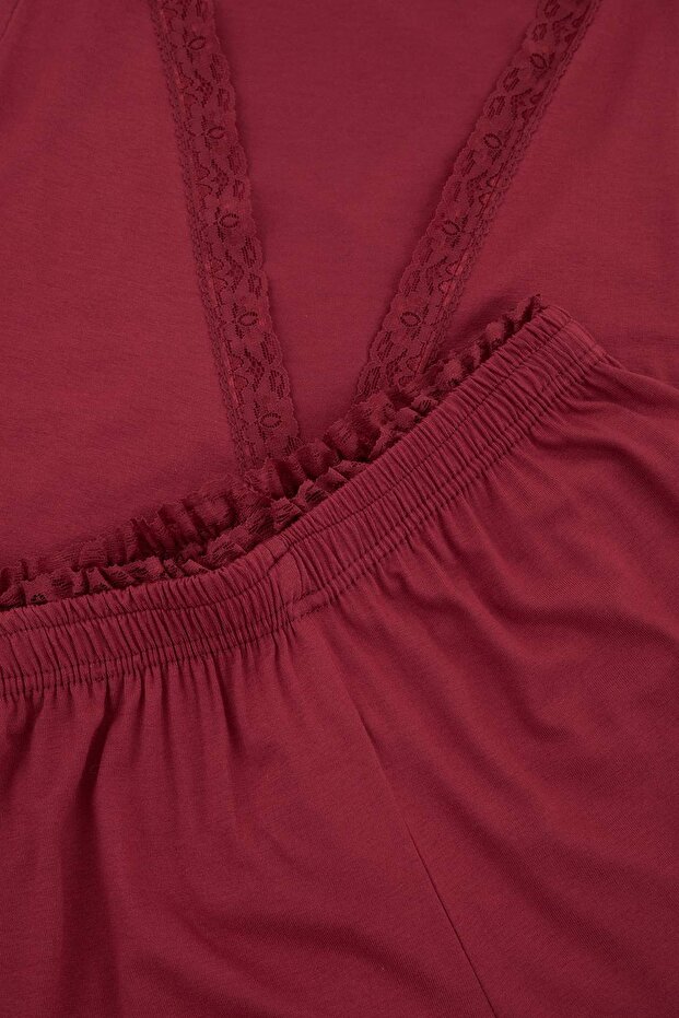 Bordo Kruvaze Dantel Detaylı Viskon Örme Pijama Takımı THMSS26PT00061 - 7
