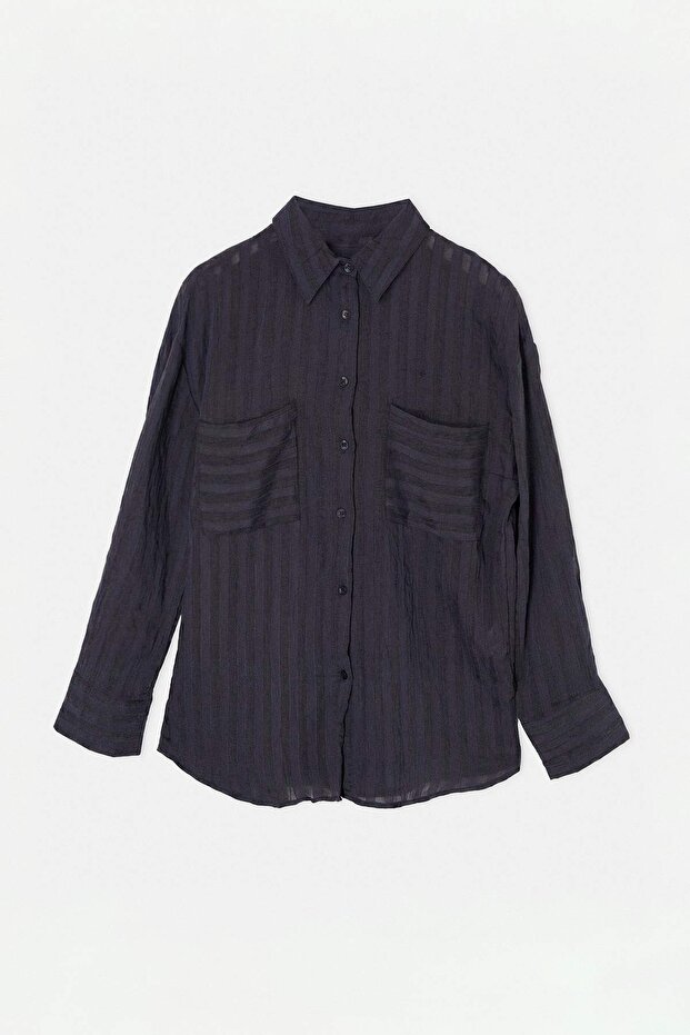 Lacivert Çift Cepli Oversize Dikine Çizgili Gömlek TDRSS26GO00112 - 1