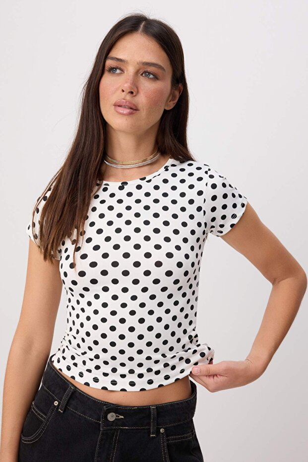 Ecru Polka Dot Fitted Short Sleeve Crop/Short Stretch Knitted Blouse Twoss26Bz00930