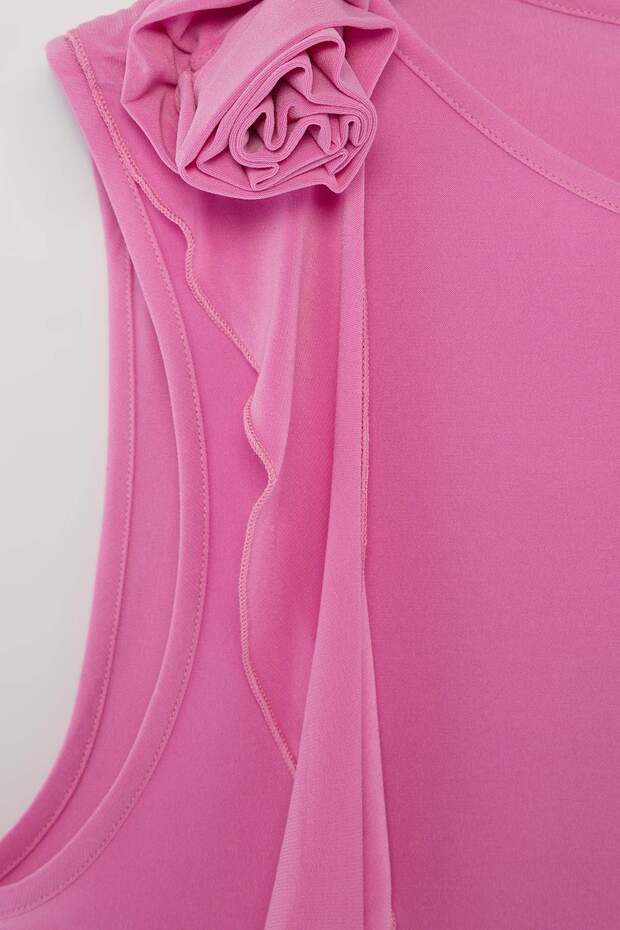Pembe Çiçek Detaylı Örme Büyük Beden Bluz TBBSS26AF00058 - 5